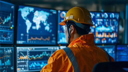 Engineer analyzing data displayed on multiple screens in a modern control room 
