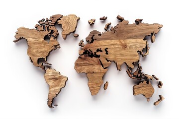 Wooden world map with natural wood grain on a clean white background, symbolizing global connection and travel.