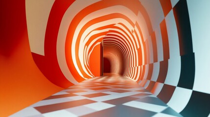 Distorted tunnel with orange/white concentric rings fading into a checkered pattern