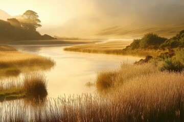 Misty sunrise over tranquil river valley. Lush golden grasses, tranquil waters, serene landscape