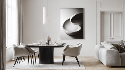 Neutral-toned dining area with modern table, chairs, artwork, sofa, light, & light