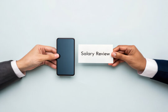Hands exchanging a smartphone and a salary review document.
