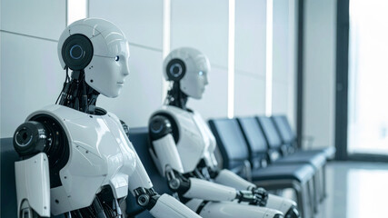 Two humanoid robots seated in a row in a sleek, futuristic setting
