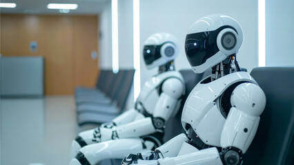 Two humanoid robots sitting in a modern waiting area. They appear to be waiting patiently.  The robots have a sleek white design.