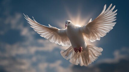 Obraz premium Soaring Serenity: A pristine white dove, a symbol of peace and purity, gracefully ascends against a backdrop of a serene sky, its wings outstretched in a gesture of freedom and hope.