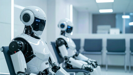 Two advanced robots wait in the waiting area, representing future technology