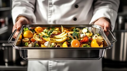 A chef holds a tray filled with assorted roasted vegetables including carrots, broccoli, onions, and bananas, ready to serve.
