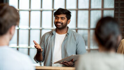 Student leader from India hosting educational workshop or campus presentation
