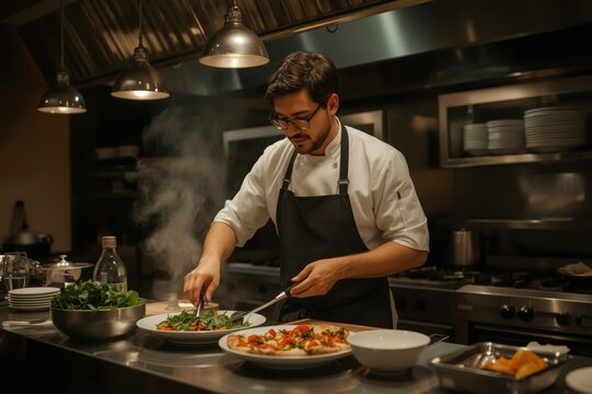 Gourmet restaurant chef in action with flame effects and plating

 - Powered by Adobe