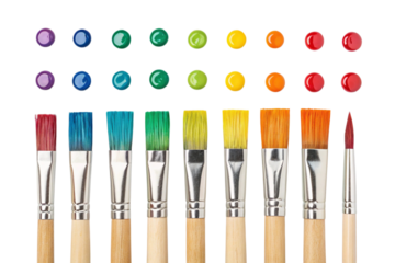 Rainbow paint brushes and color swatches isolated on transparent background