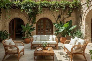 Fototapeta premium Elegant Villa Courtyard Dining Area with Wooden Furniture and Decorative Plant Landscaping Mediterranean Design