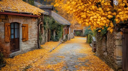 Autumnal Village Street: Stone Buildings and Golden Leaf-Covered Pathway