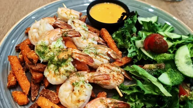 Plate Of Shrimp Skewers Over Potato Fries And Green Salad With Dipping Sauce. - closeup shot