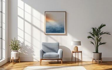 Fototapeta premium Bright room, armchair, plant, artwork. Sunlit wall, window casts shadows. Minimalist interior