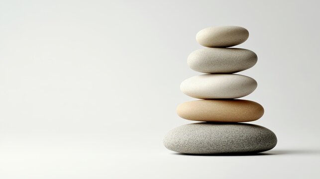 A balanced stack of five smooth stones in neutral tones, symbolizing calmness and stability against a minimalist white background. - Powered by Adobe