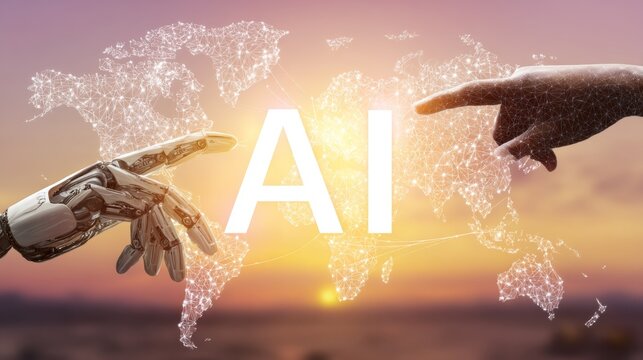 Human hand and robot hand reach for ai across digital world map at sunrise