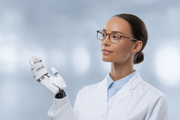 Doctor interacting with AI-based health assistant on a futuristic digital display, innovation in medicine concept, stock photo style
