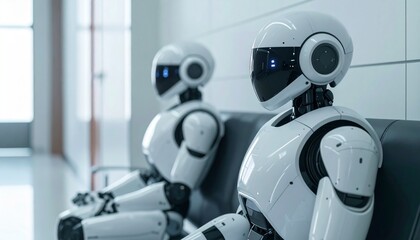 Two modern robots sit side by side, with a sense of quiet contemplation. They exude technological sophistication and a hint of human-like presence