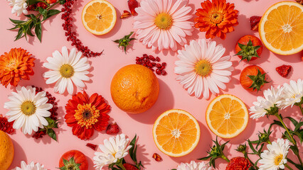 Fresh fruit and flower flatlay vibrant springtime design