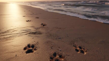 Dog paw prints on sandy beach at sunrise with gentle waves