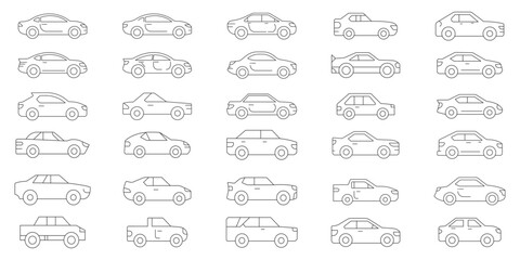 Line art illustrations of various types of vehicles including cars, trucks, and buses in a minimalist style suitable for design projects. Car icon vector. car sign and symbol. small sedan. EPS 10. 