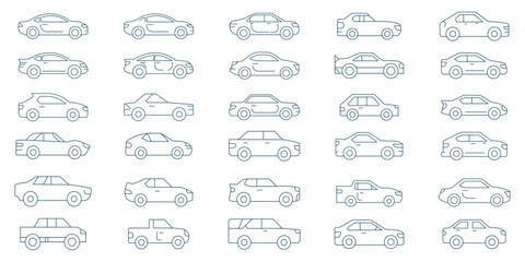 Variety of Car in Simple Line Art. Car icon set. Simple and detailed auto symbol in different styles. Automobile vector illustration. Vehicle sign. Sedan silhouette. Black car graphic design concept.