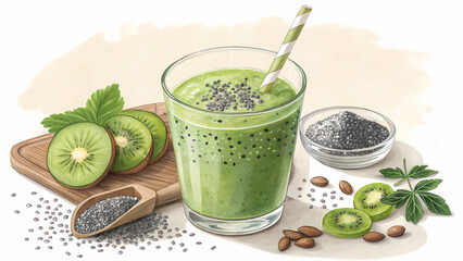 Healthy kiwi smoothie recipe with chia seeds for weight loss and detox diet, green vegan drink idea