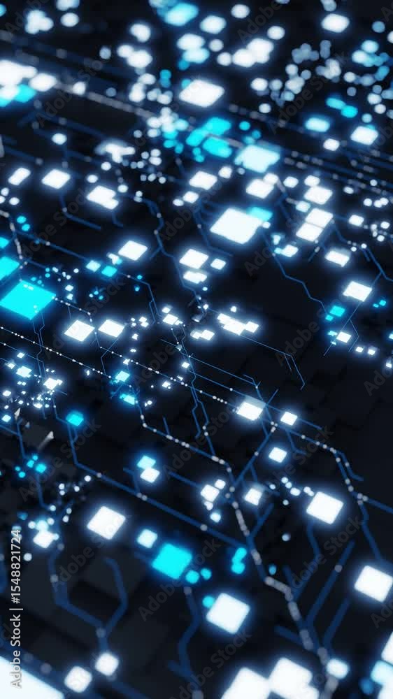Wall mural abstract digital circuit pattern with glowing blue lights and dark background. 3d render of futurist