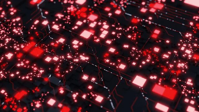 Abstract digital circuit pattern with glowing red lights and dark background. 3D render of futuristic technology board. Artificial intelligence and data processing concept. Design for banner