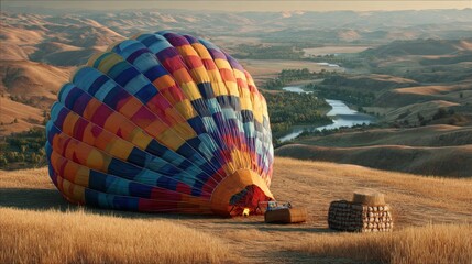 Obraz premium Colorful hot air balloon on serene hillside landscape at sunrise