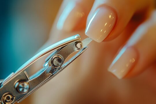 Young woman using a nail clipper to manicure her fingernails, focused on cleaning and trimming long or dirty nails., Generative AI