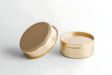 Round gold metal tin with its lid separated on a white background for premium product packaging and branding presentation mockup