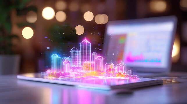 Holographic Cityscape on Tablet: Futuristic Remote Collaboration Workspace