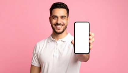 A smiling person holding a smartphone, looking at the camera