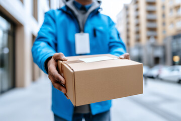 Close up, Courier delivering package on city street highlighting urban delivery service and customer satisfaction