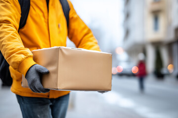 Close up, Courier delivering package on city street highlighting urban delivery service and customer satisfaction