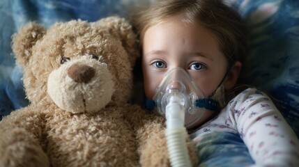 Young caucasian girl with oxygen mask and teddy bear in hospital setting