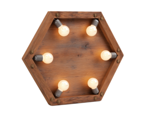 Illuminated Hexagonal Wooden Frame with Light Bulbs, PNG