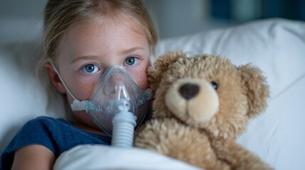 Young caucasian girl with oxygen mask and teddy bear in hospital setting