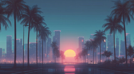 Retro Cityscape with Neon Sunset and Palm Trees