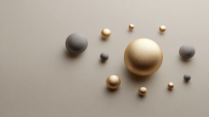 Abstract Arrangement of Gold and Gray Spheres on Soft Background