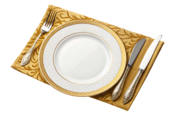 Elegant gold trimmed dinner plate with cutlery isolated on transparent background