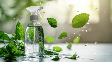 A clear spray bottle surrounded by fresh green mint leaves with water droplets, evoking freshness and natural cleaning.