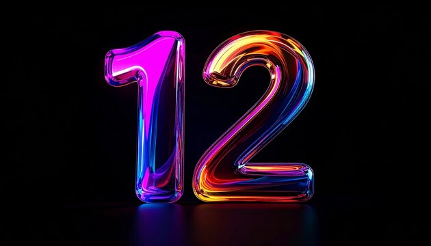 The number 12 illuminated with vibrant neon lights against a black background