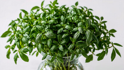 Fresh green herbs in glass vase healthy food and cooking image