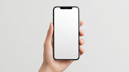 Hand Holding Smartphone with Blank Screen on Light Background