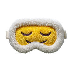 Fluffy sleep mask yellow emoji face eye cover for restful sleep travel accessory and relaxation aid on transparent background
