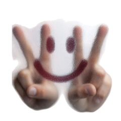 Drawing a smiley face on frosted glass with fingers for happiness and positive emotions concept image design on transparent background