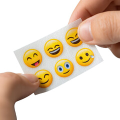 Emoji stickers sheet being peeled by hand for social media expression and communication fun concept on transparent background