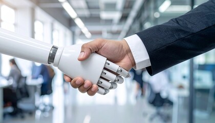 Handshake between a human and robot, symbolizing technological advancement and collaboration. A close-up captures the interaction, set in a blurred office environment